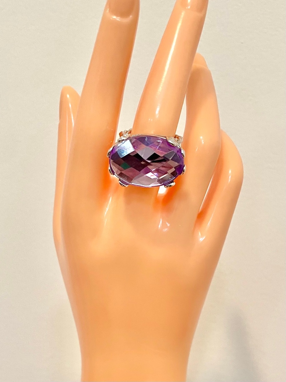 Vintage Purple Amethyst Rhinestone Adjustable Silver Tone Statement Ring - Picture 5 of 9
